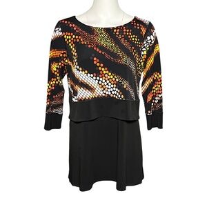 EVA VARRO Black Orange Slinky Stretch Layered Tunic Top 3/4 Sleeve Size M